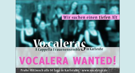 Grafisch in türkis, pink und schwarz gestaltete Anzeige für die Vokalband Vocaleras, in der eine tiefe Altistin gesucht wird.