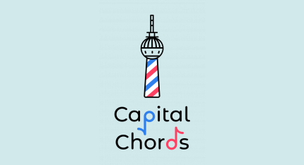 Logo von Capital Chords, der Berliner Fernsehturm in den gestreiften Barbershop-Farben rot, weiß und blau.
