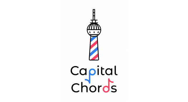 Logo von Capital Chords, der Berliner Fernsehturm in den gestreiften Barbershop-Farben rot, weiß und blau.