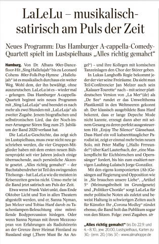 Kritik zur Premiere von LaLeLu a cappella comedy "Alles richtig gemahct!" im Hamburger Abendblatt vom 21.09.2022