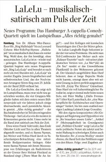 Kritik zur Premiere von LaLeLu a cappella comedy "Alles richtig gemahct!" im Hamburger Abendblatt vom 21.09.2022