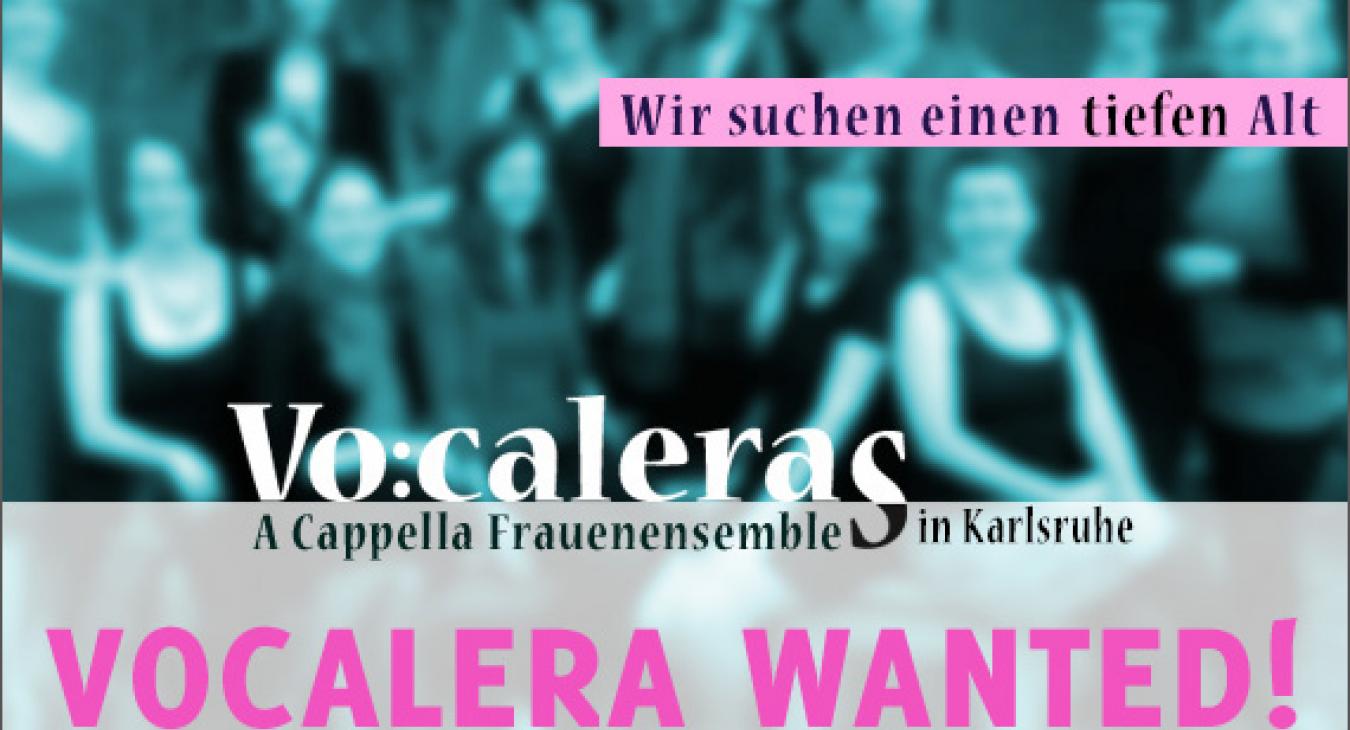 Grafisch in türkis, pink und schwarz gestaltete Anzeige für die Vokalband Vocaleras, in der eine tiefe Altistin gesucht wird.