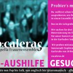 Grafisch in pink und schwarz gestaltete Text-Bild-Anzeige für die Vokalband Vocaleras, in der eine tiefe Altistin zur Aushilfe gesucht wird.