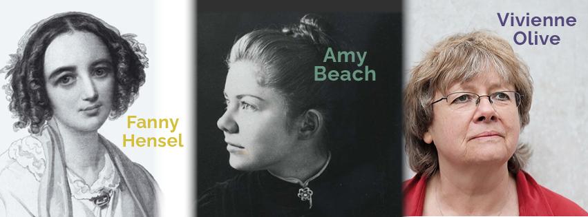 Portraits der Komponistinnen Fanny Hensel, Amy Beach und Vivienne Olive